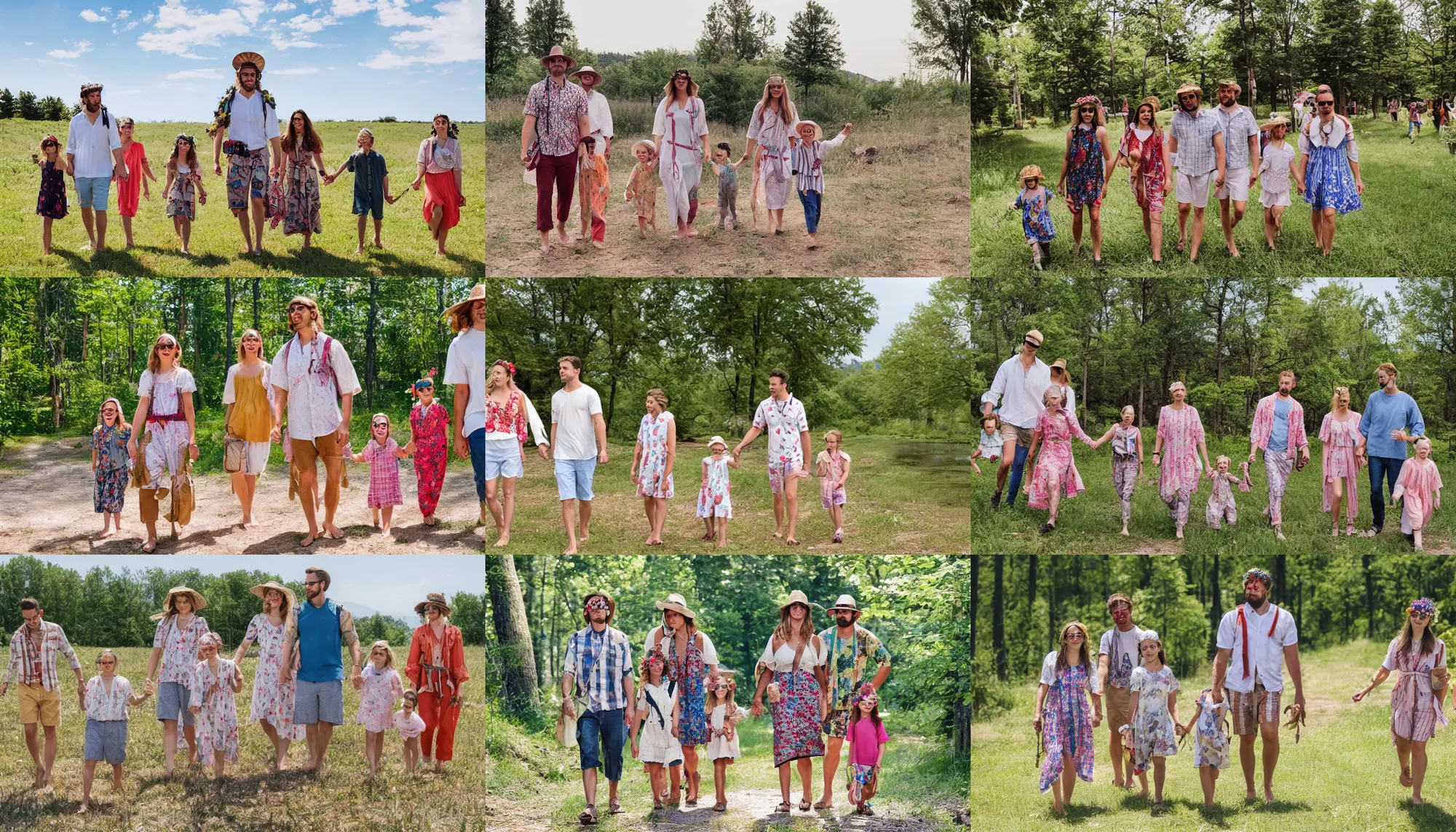 Prompt: a family vacation, people dressed in the style of midsommar
