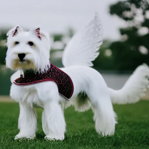 Prompt: photo of a white schnauzer dog with two open wings on his back, 5 5 mm photo