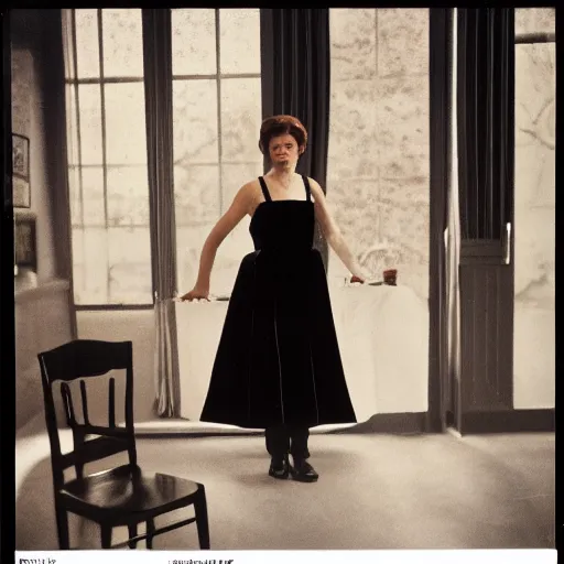 Prompt: Kodachrome long shot photograph of tall pale woman wearing velvet black dress with thin straps with pinned-back brown hair, looking to the side, leaning on a table, holding dress in a bunch. 8k Photograph. TIME Magazine.