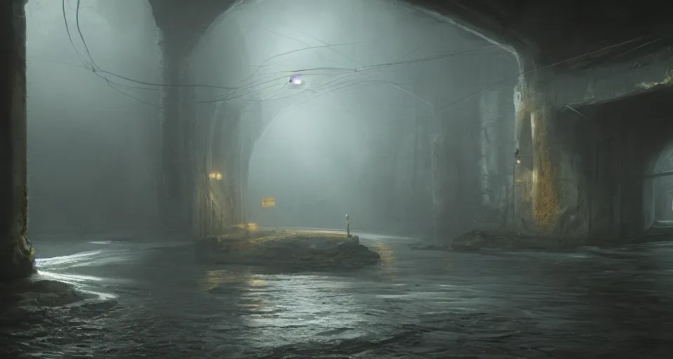 Image similar to a beautiful landscape painting, a single lane tunnel with overhead lights, a water monster stands in the shadows, by sam guay, moody lighting, hyperrealism, 4 k, octane render