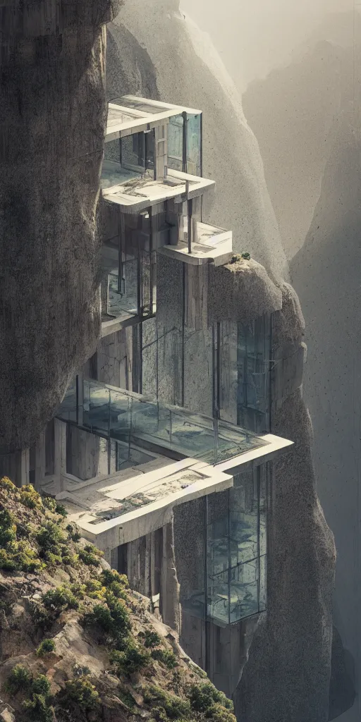 Prompt: glass house built on the side of a vertical cliff, brutalist architecture, desert, digital painting, detailed, highly detailed, smooth, sharp focus, 3 d rendering, octane, unreal engine, digital, maya, award winning, trending on artstation