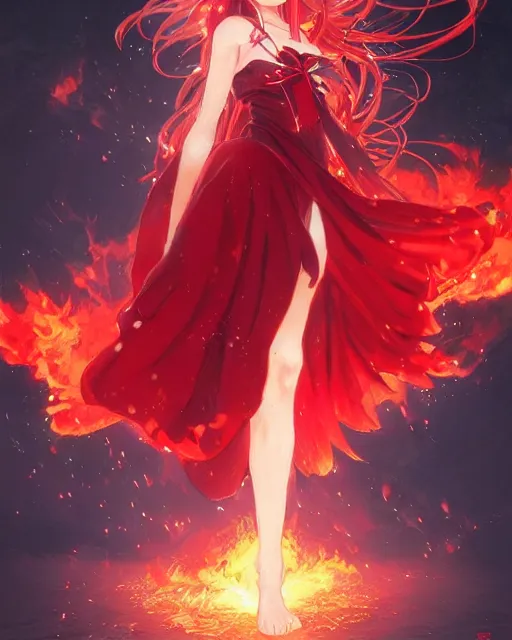 Prompt: red eyed beautiful long haired anime girl, red dress, full body photo, flames everywhere, highly detailed, digital painting, artstation, concept art, smooth, sharp focus, illustration, art by artgerm and greg rutkowski and alphonse mucha