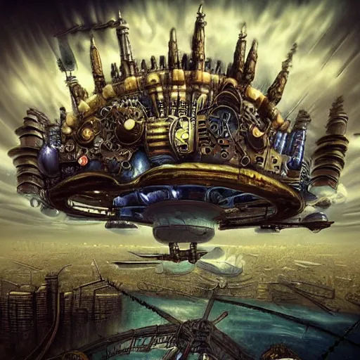 Image similar to flying city in a steel lotus, sky, steampunk!!!, fantasy art, steampunk, masterpiece, octane