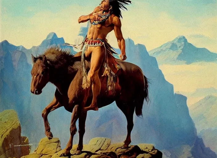 Image similar to powerful native american warrior!! beautiful native american riding horse, buffalo, mountain range, beautiful sky, standing on the edge of a cliff, nineteenth century, painted by frazetta