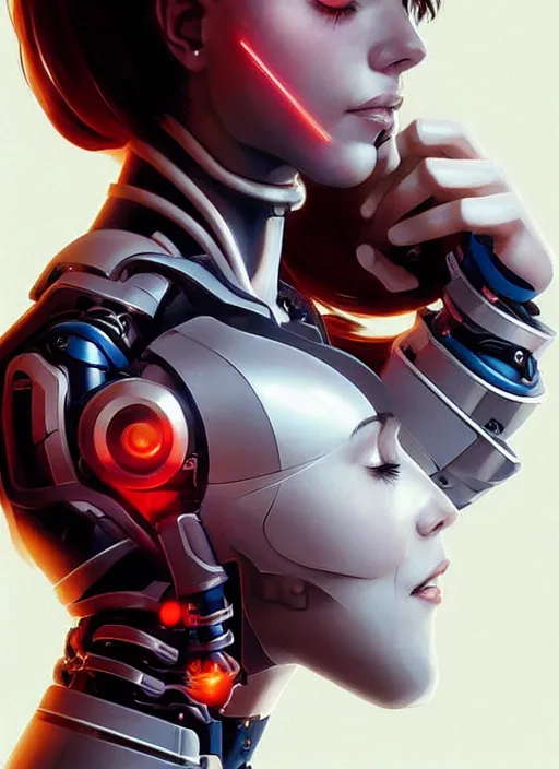 Prompt: portrait of a cyborg woman who turns her head to the ((((((right))))) left+130 (((((up))))) (((((down))))) by Artgerm,eyes closed , biomechanical, hyper detailled, trending on artstation