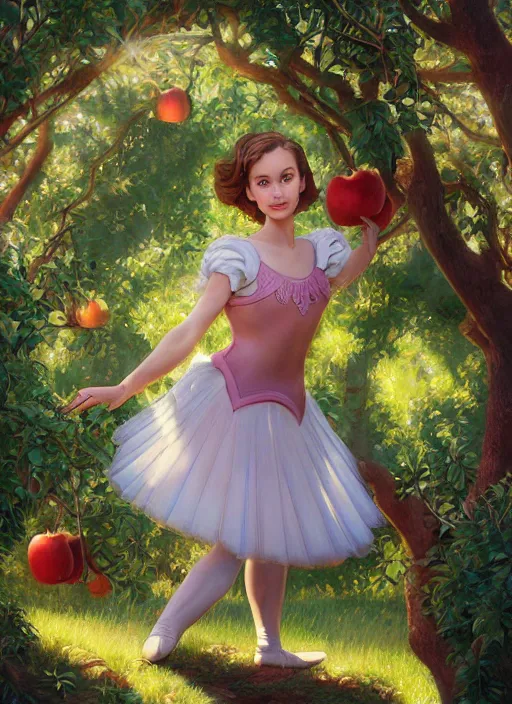 Image similar to well - lit art nouveau portrait of a 1 3 - year old ballet girl wih resembles natalie portman and emily browning acting shy under an apple tree, natural lighting, path traced, highly detailed, high quality, cartoon, digital painting, by don bluth and ross tran and studio ghibli