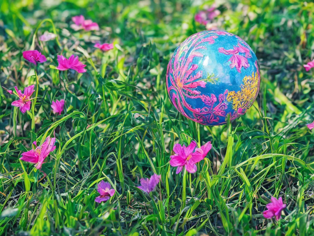 Prompt: sunlight study, kauai wildflower undergrowth within the orb, art nouveau, by maria sibylla merian and ( ( ( ( ( lisa frank ) ) ) ) ), 8 k, sharp focus, octane render