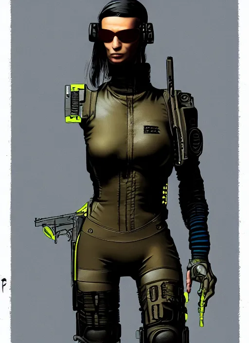 Image similar to cyberpunk mercenary in tactical gear and jumpsuit. portrait by stonehouse and mœbius and will eisner and gil elvgren and pixar. realistic proportions. dystopian. cyberpunk 2 0 7 7, apex, blade runner 2 0 4 9 concept art. cel shading. attractive face. thick lines.