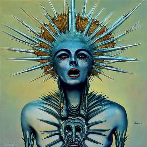 Image similar to the queen of the sun with a spiky body and face, when you kiss her you'll die instantly, eerie, creepy, beautiful, scary, spiky, spiky, spiky, colorful in the style of zdzisław beksiński and h.r. giger, oil on canvas, full body, open wide chest, intricately detailed artwork, full 8k high quality resolution, recently just found unknown masterpiece, renaissance painting, photorealism, 8k high detail, Sigma 85 mm f 1.4, Studio Light, Studio Ghibli, jacek yerka, alex gray, zdzisław beksiński, dariusz zawadzki, jeffrey smith and h.r. giger, oil on canvas, 8k highly professionally detailed, trending on artstation, her hair is thick and smooth, she is beautiful showing her true form