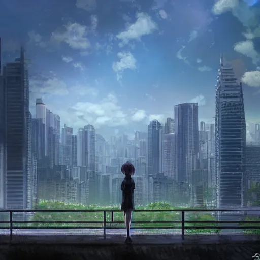 Image similar to realistic building, monster, shenzhen, wide landscape, eva, makoto shinkai