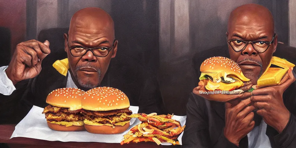 Image similar to highly detailed portrait painting of samuel l jackson eating burger sitting on square near moscow kremlin, balalaika, perfect symmetrical eyes, by eddie mendoza and tyler edlin, 8 k resolution