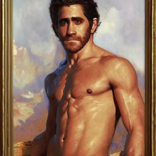 Image similar to Jake Gyllenhaal with a shredded body type, painting by Gaston Bussiere, Craig Mullins