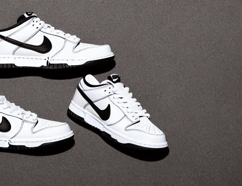 Prompt: a press photograph of nike dunk low white and black, size 1 0, white background