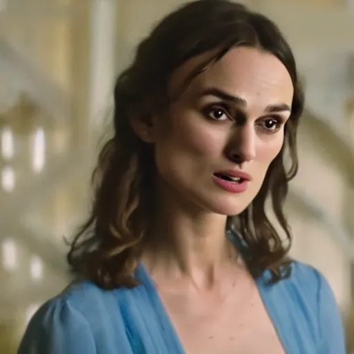 Prompt: Kiera Knightley as Dolores in Westworld (2018), blue dress, film still