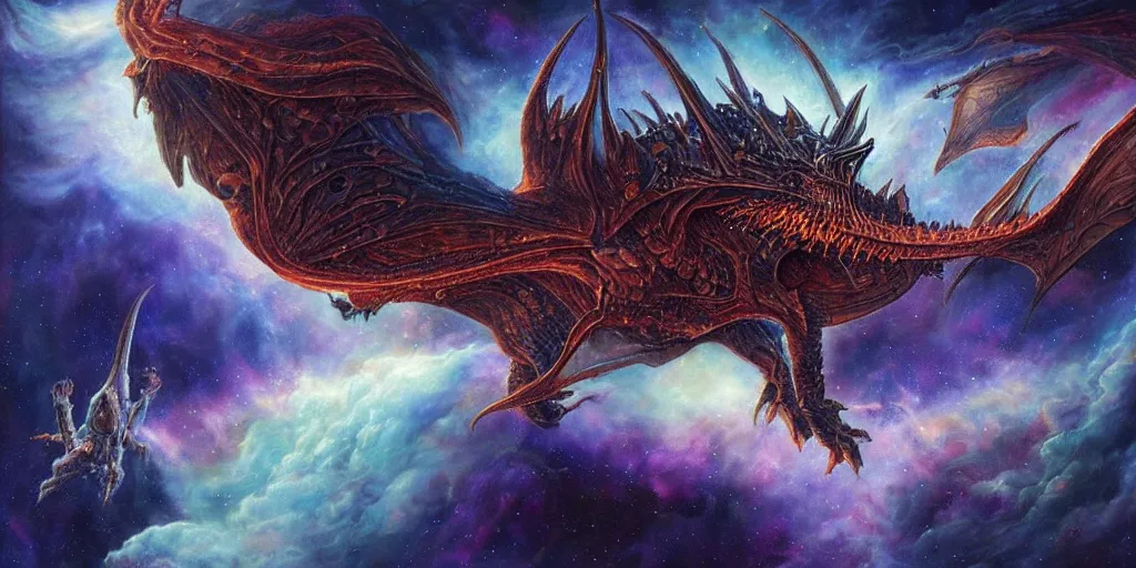 Image similar to an alien dragon flying through outer space, epic nebula, dan seagrave art