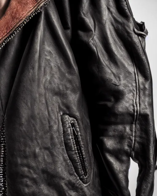 Prompt: a close up award - winning photo of an ancient male model wearing a thick plain cropped extremely baggy distressed pirate designer menswear leather jacket designed by alexander mcqueen, 4 k, studio lighting, wide angle lens