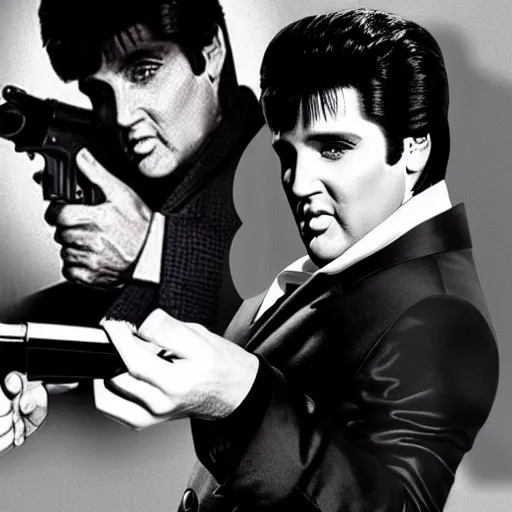 Image similar to elvis as tony montana in scarface with a tommy gun