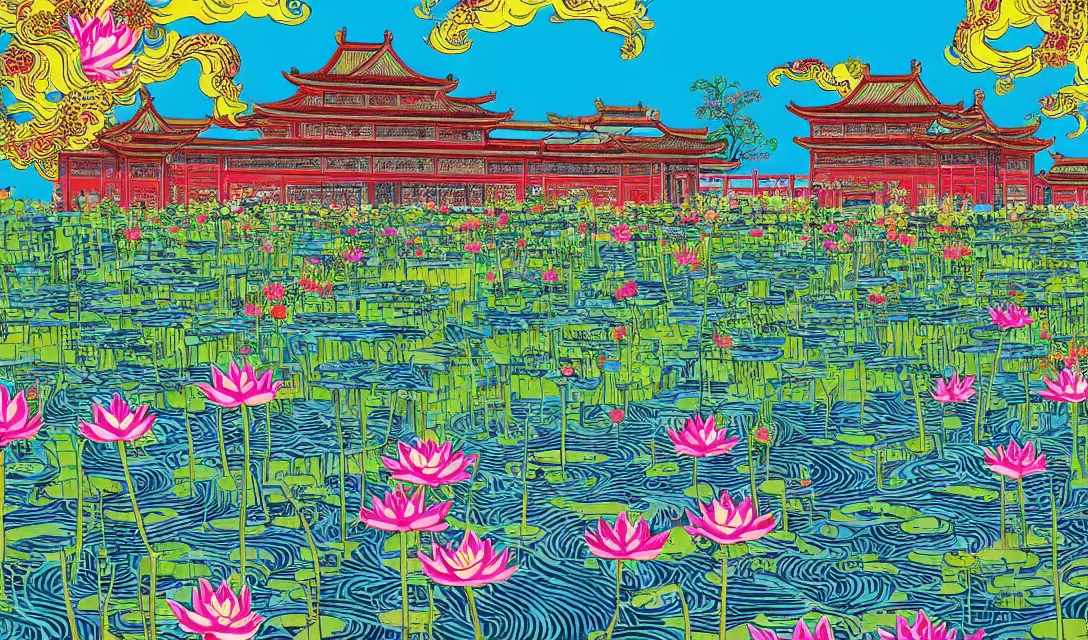 Image similar to detailed close - up image of magnificent chinese palace with a garden and a lotus pond, pop - art style, jacky tsai style, andy warhol style, roy lichtenstein style, rich palette, acrylic on canvas