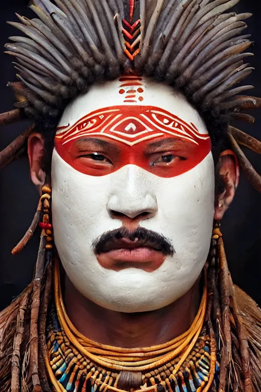 Image similar to man of q'eros, peru amazon tribe, finely detailed perfect face, exquisite details, fire magic, mid view, design on a white background, by studio muti, greg rutkowski makoto shinkai takashi takeuchi studio ghibli