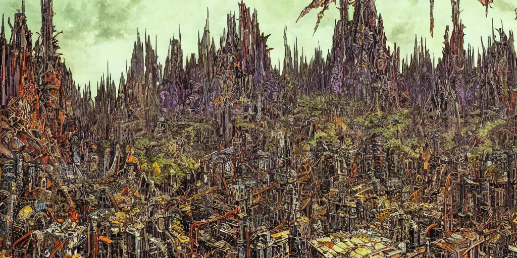 Image similar to post apocalyptic scifi landscape with city ruins, bustling with orcs and elven mystics, by philippe druillet, psychedelic colors