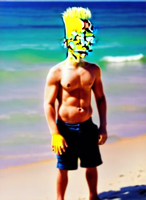 Prompt: professional photo of person looking like bart simpson, he's muscular, on the beach at noonday, blur background, high details, original simpsons cartoon style