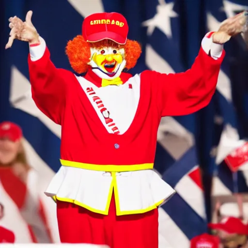 Prompt: Ronald McDonald endorses Trump at a campaign rally