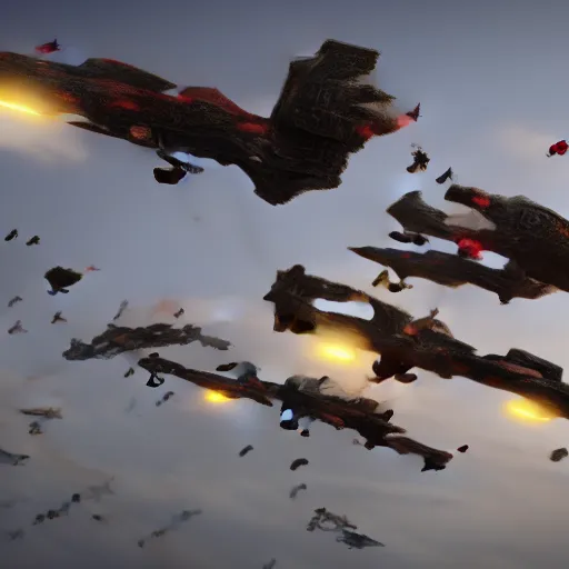 Prompt: thousand dragons flying in formation. they're black red and have a yellow accent color. ready for battle. cinematic, unreal engine 5, live-action,