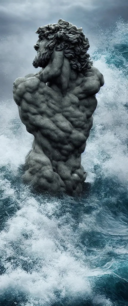 Image similar to stone bust of poseidon in the ocean, heavy waves, dark clouds, vivid, atmospheric, rainy, realistic, ultra detail, somber, hd, octane render, featured on artstation