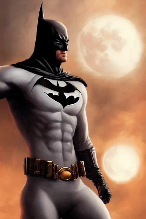 Image similar to characters portrait of MoonKnight mixed with Batman by ArtGerm and Tom Bagshaw, merged character, Full body shot, cinematic opening shot, 4k, highly detailed, cinematic lighting