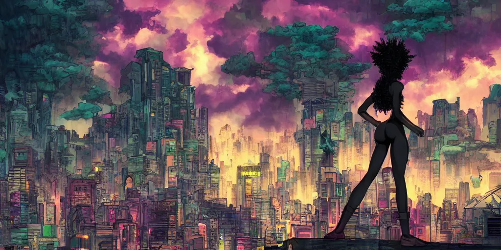 Image similar to an afropunk girl looking into an expansive afro futuristic city at night during a thunderstorm in the style of masamune shirow, anime, cinematic