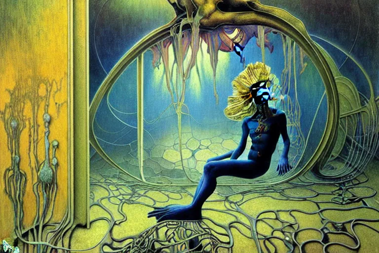 Image similar to realistic extremely detailed portrait painting of a bizarre creature sitting in the corner of an abandoned house, futuristic sci-fi landscape on background by Jean Delville, Amano, Yves Tanguy, Alphonse Mucha, Ernst Haeckel, Edward Robert Hughes, Roger Dean, rich moody colours, blue eyes