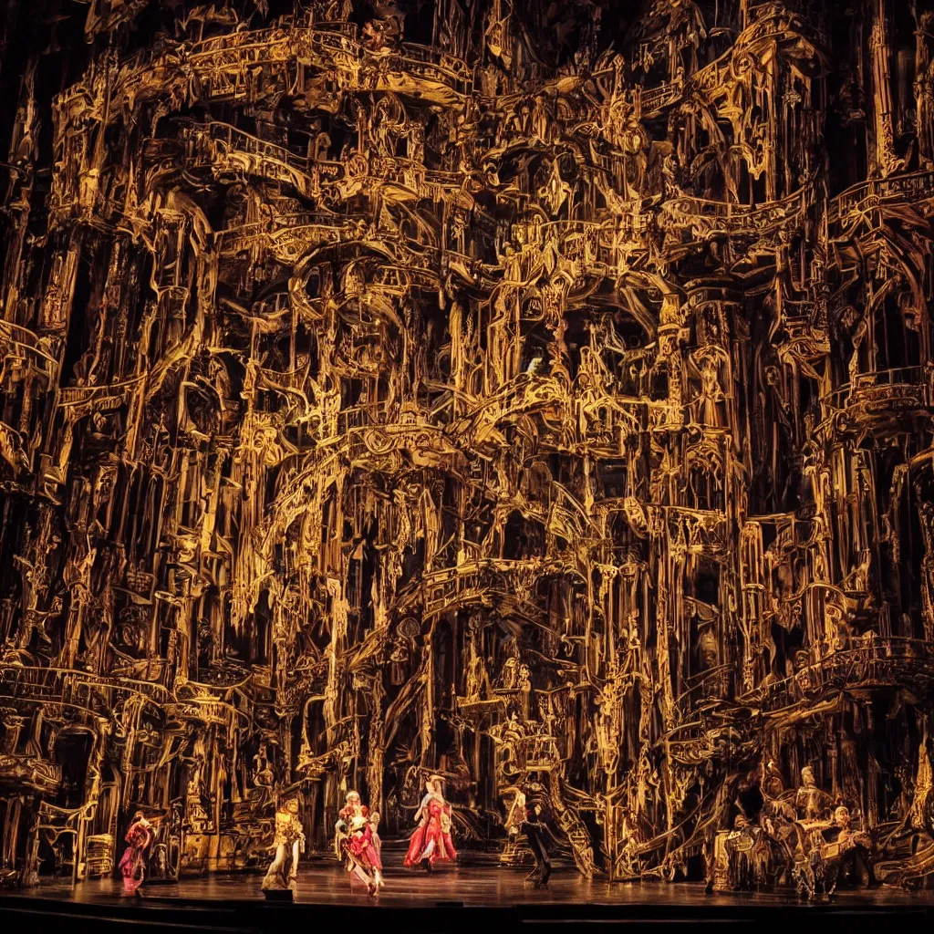 Image similar to photo, a highly - themed dramatic broadway musical set design with huge spectacle, dark and moody futuristic, a dark gothic psychedelic palace