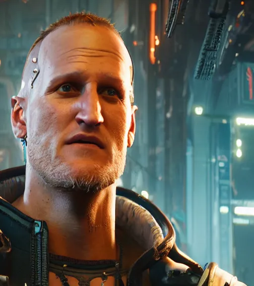 Image similar to cyberpunk 2 0 7 7, charismatic rugged male battle woody harrelson - mage portrait, clothed in hooded, metal - plated battle armor atmospheric lighting painted intricate volumetric lighting, beautiful, sharp focus, ultra detailed by leesha hannigan, ross tran, thierry doizon, kai carpenter, ignacio fernandez rios