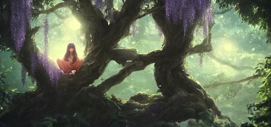 Image similar to Young Himalayan woman sitting in a large tree, glowing wisteria, night time scene, somber white eyes, long ashy hair, gentle lighting, futuristic, dim lighting, digital art by Makoto Shinkai ilya kuvshinov and Wojtek Fus, digital art, concept art,