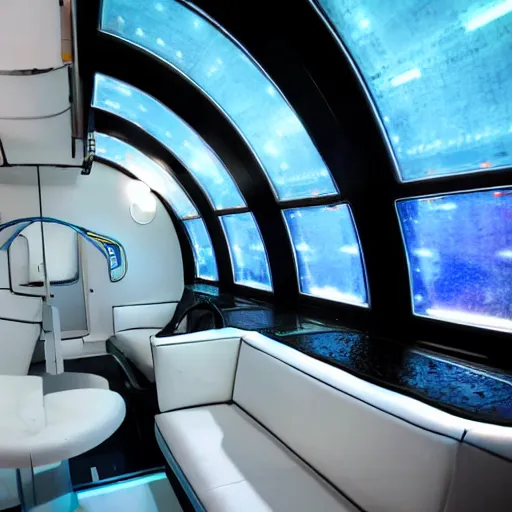 Image similar to Friends aboard a spaceship, sleek white metal interior with neon lights