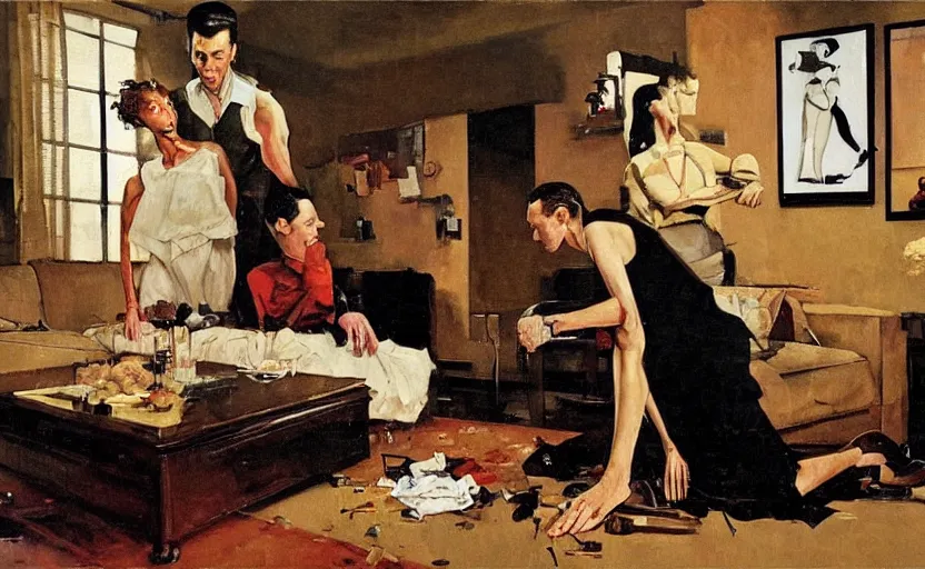 Image similar to a thin man falls over whilst his wife stands on a coffee table in a dark living room, painted by phil hale and rick berry and norman rockwell and dean cornwell and tom lowell, highly detailed