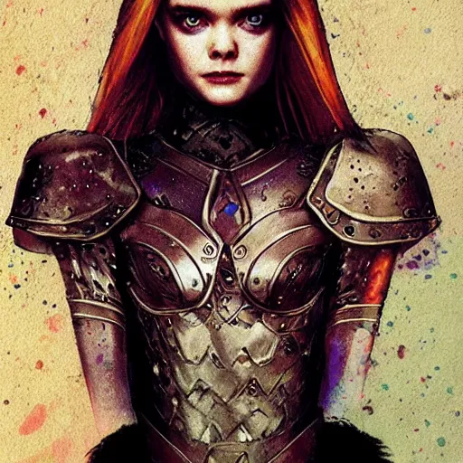 Prompt: Elle Fanning in armor, in the style of Bill Sienkiewicz