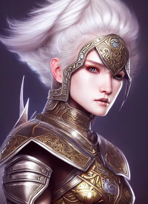 Image similar to warrior, intricate ornate opal heavy armor!!! beautiful and athletic white hair female!! gorgeous face and eyes!! character concept art, sharp focus, octane render! unreal engine 5! highly rendered!! trending on artstation!! detailed linework!! illustration by artgerm, wlop, and chie yoshii