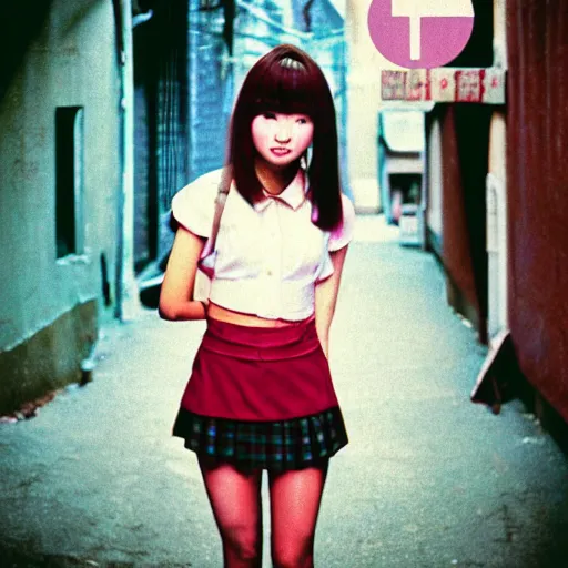 Image similar to 1970s perfect 8K HD professional photo of close-up japanese schoolgirl posing in sci-fi dystopian alleyway, at instagram, Behance, Adobe Lightroom, with instagram filters, depth of field, taken with polaroid kodak portra