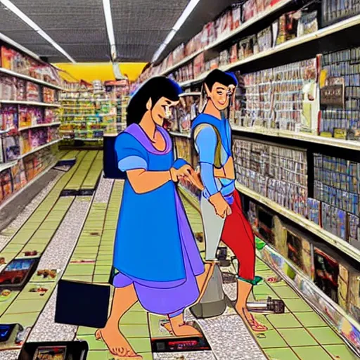 Image similar to aladdin and jasmine in electronics store picking up a flying drone, old 2 d disney artstyle