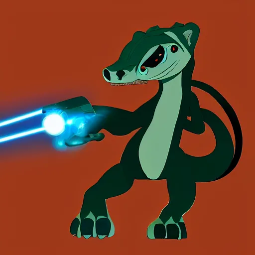 Image similar to “ komodo dragon in the style of zootopia holding laser gun, floating alone, with a black background, digital art, award winning, trending on art station, retro style ”