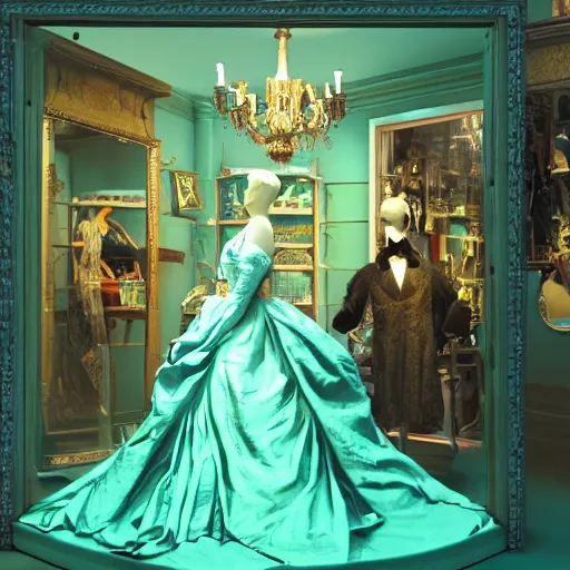 Image similar to scene in a victorian era trafalgar dress shop, turquoise dress on a manikin, cobbled laneway, ambient lighting, cinematic quality, high octane, vray render, subsurface scatter, drum scanner intricate complexity, golden ratio, kojima, amano, charlie bowater museum piece, fine art