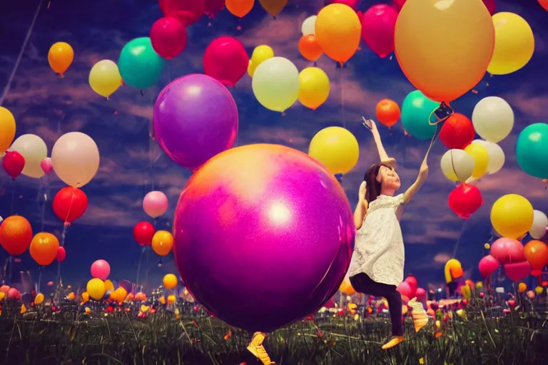 Image similar to she let the balloon float up into the air with her hopes and dreams. photo - realistic hd, hyperrealism, colourful, highly detailed, cinematic, luminescence, 3 2 k, dop, high contrast, intricate, mystery, epic, fantasy