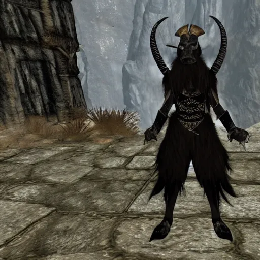 Prompt: an anthropomorphic black goat wizard in skyrim