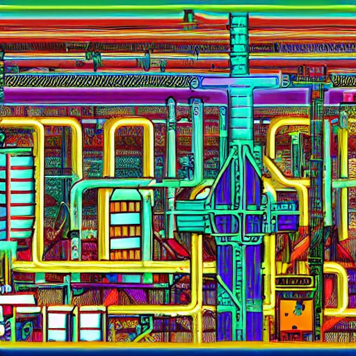 Prompt: cross-section of a complex zorkmid factory, detailed and colorful digital art in the wimmelbilder style