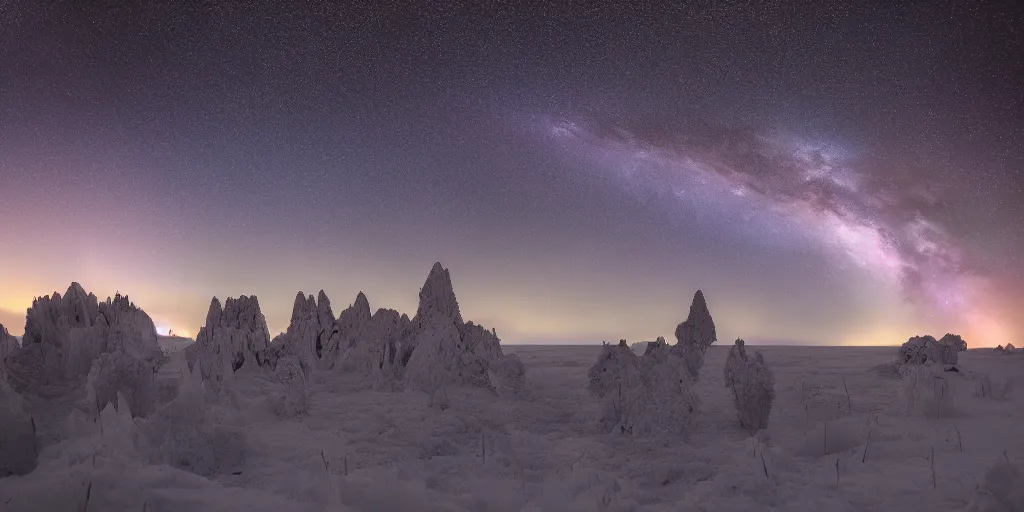 Prompt: The calm before the storm on the planet of crystal spires, milkyway long exposure sky, 8k