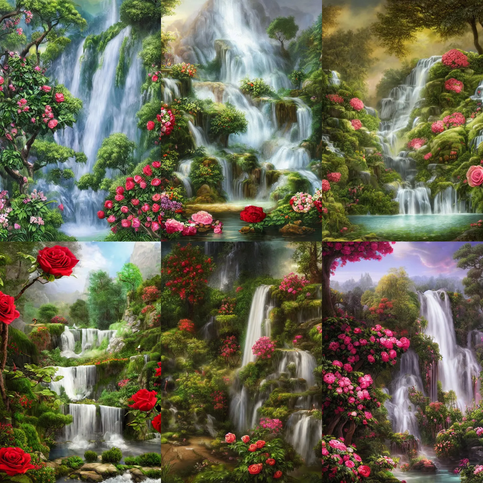 Prompt: a manicured garden matte painting with roses, trees, and a waterfall