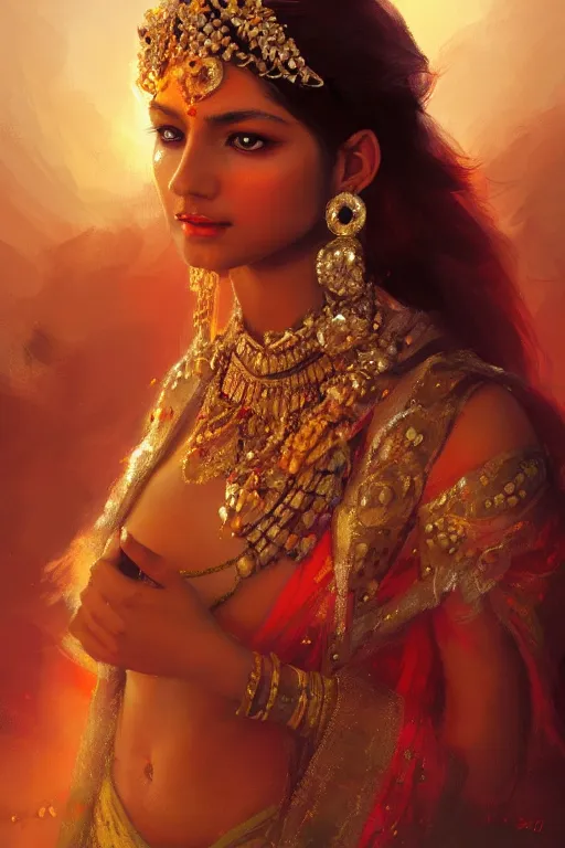 Prompt: indian princess, gorgeous, close - up portrait, intricate, elegant, volumetric lighting, scenery, digital painting, highly detailed, artstation, sharp focus, illustration, concept art, ruan jia, steve mccurry