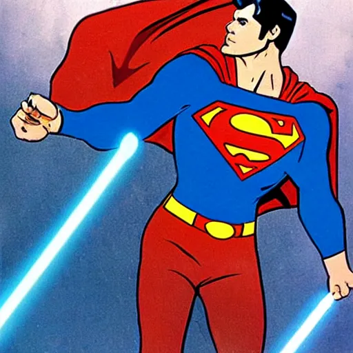 Image similar to superman as a jedi, S symbol on his chest, Realistic, Body shot from the front, Realistic, 3D, Light saber in his right hand