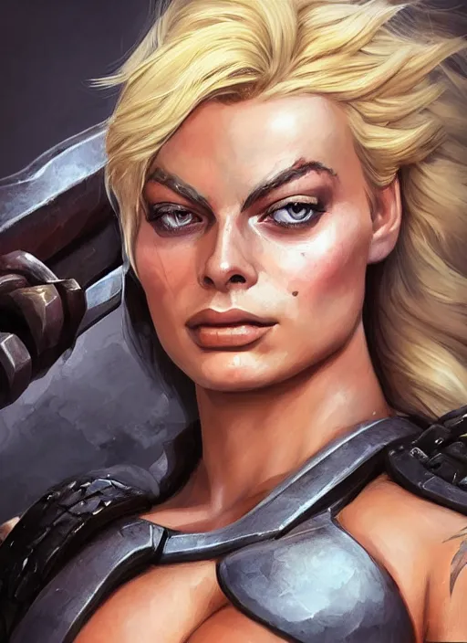 Image similar to detailed portrait of margot robbie as a thick female bodybuilder barbarian zarya from overwatch, attractive, beautiful, fantasy, intricate, elegant, highly detailed, digital painting, artstation, concept art, matte, sharp focus, illustration, art by aenaluck, artgerm and roberto ferri and greg rutkowski, epic fantasy, digital painting